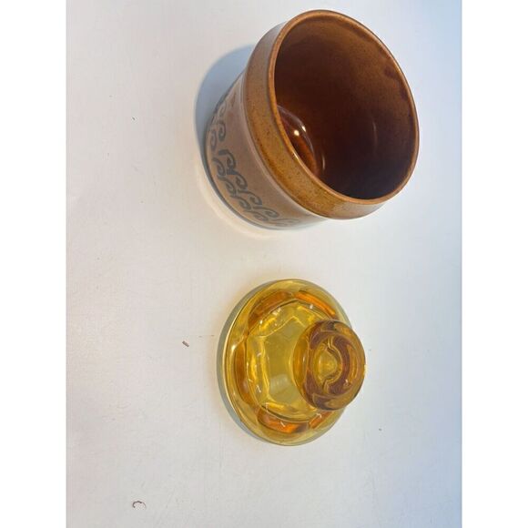 Vintage MCM Japanese Stoneware Small Yellow Crock with Brown Lid Sugar Bowl Butt - Picture 4 of 15